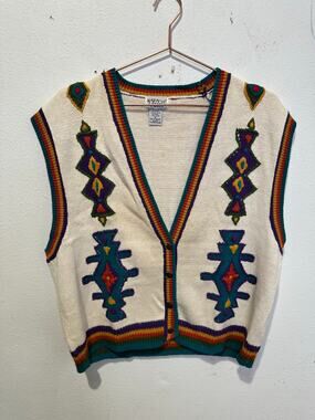 Vintage Napa Valley Rainbow Aztec Copper Button Sweater Vest Size Extra Large